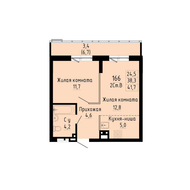 1-комнатная квартира 41,7 м² во 2 секции в ЖК «Gorizont»