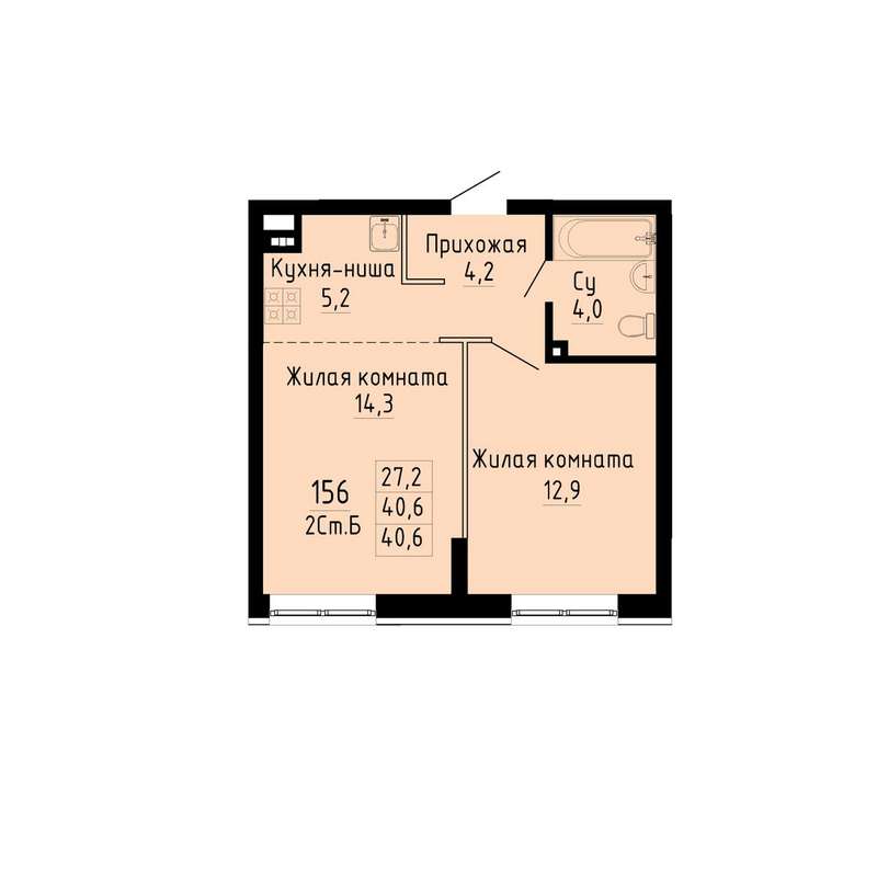 1-комнатная квартира 40,6 м² во 2 секции в ЖК «Gorizont»