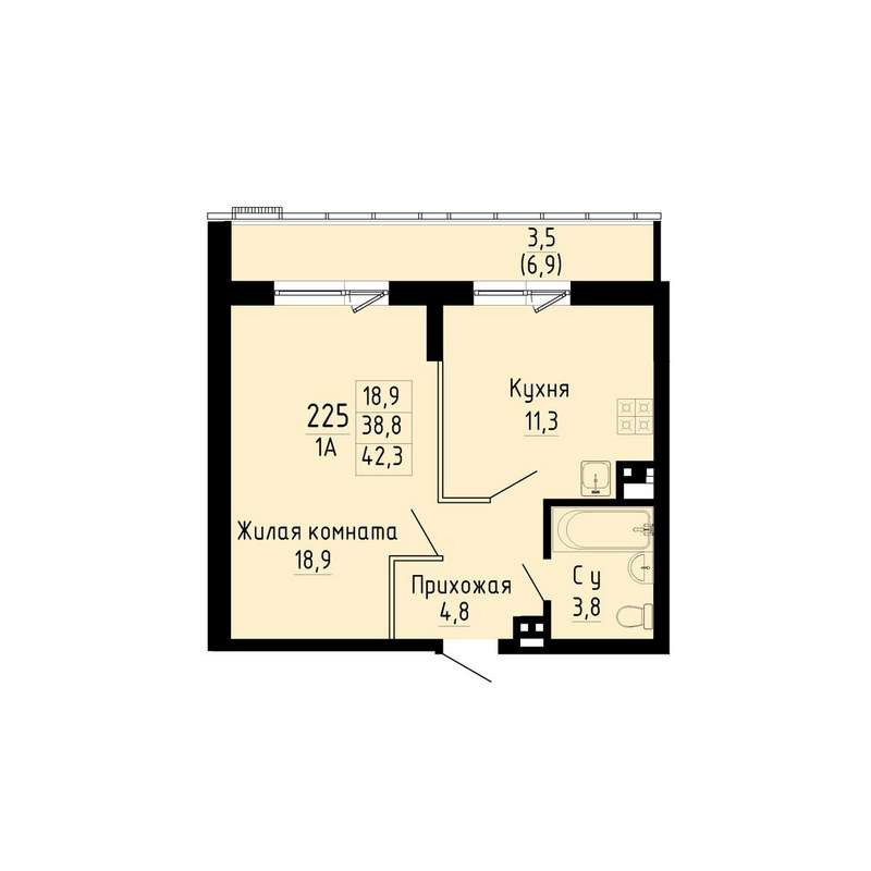 1-комнатная квартира 42,3 м² во 2 секции в ЖК «Gorizont»