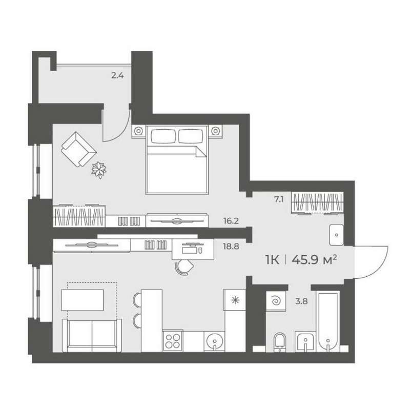 1-комнатная квартира 45,9 м² в 1 доме в ЖК «Черемушки на Приморской»