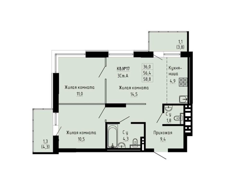 2-комнатная квартира 58,8 м² в ЖК «Luna»