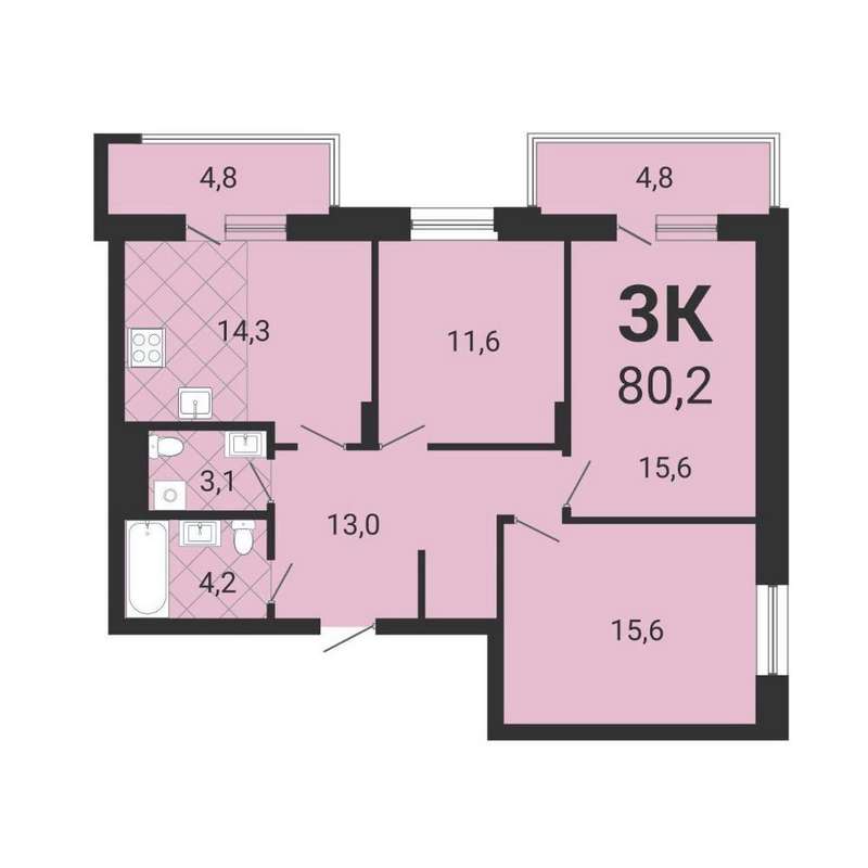 3+ комнатная квартира 80,2 м² во 2 доме в ЖК «Тетрис на Серафимовича»