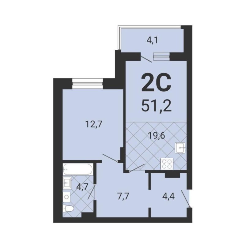 1-комнатная квартира 51,2 м² во 2 доме в ЖК «Тетрис на Серафимовича»