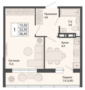 Дом 3 - Планировка однокомнатной квартиры в ЖК Родина в Краснообске