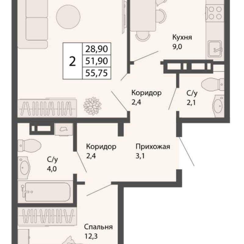 Дом 3 - Планировка двухкомнатной квартиры в ЖК Родина в Краснообске
