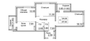 Дома 12а; 12б - Планировка двухкомнатной квартиры в ЖК Кольца в Краснообске