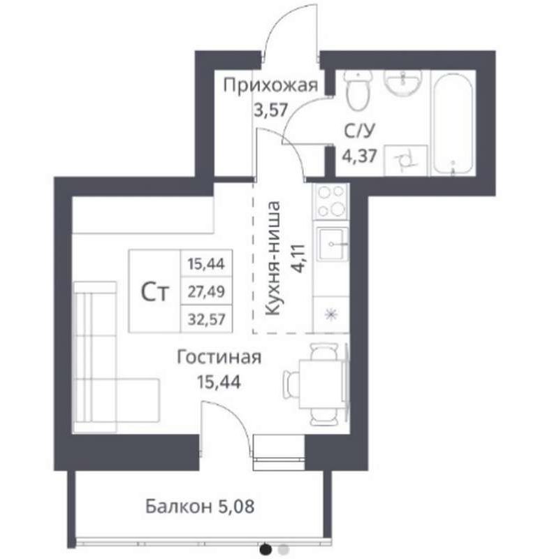 Дом 1 - Планировка студии в ЖК Фора в Новосибирске