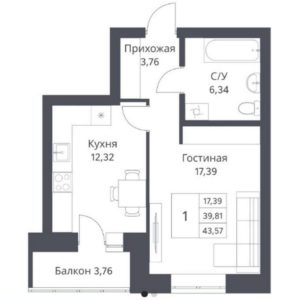 Дом 1 - Планировка однокомнатной квартиры в ЖК Фора в Новосибирске