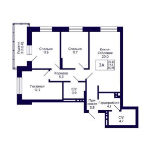 Дом 1 | Секции 1; 2.1; 2.2; 3 - Планировка трехкомнатной квартиры (и больше) в ЖК Сподвижники в Новосибирске