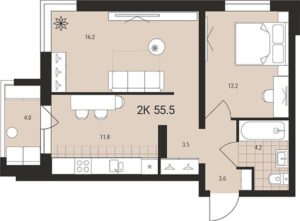 Дом 2 - Планировка двухкомнатной квартиры в ЖК Воздушная гавань в Оби