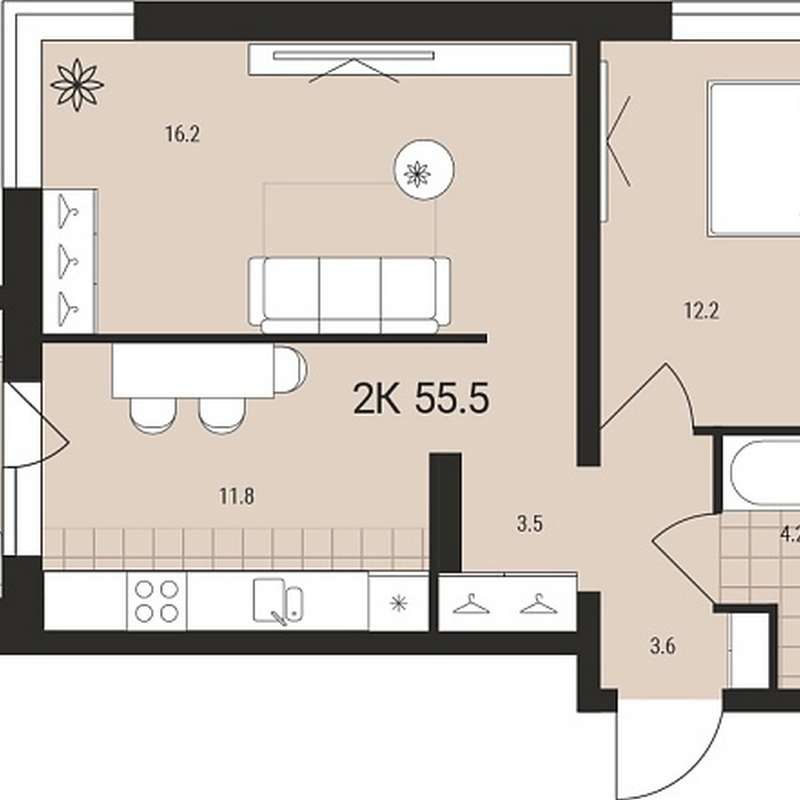 Дом 2 - Планировка двухкомнатной квартиры в ЖК Воздушная гавань в Оби