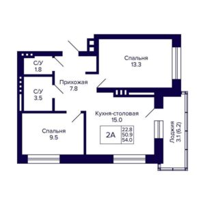Дом 1 | Секции 1; 2.1; 2.2; 3 - Планировка двухкомнатной квартиры в ЖК Сподвижники в Новосибирске