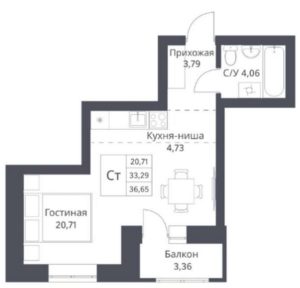 Дом 1 - Планировка студии в ЖК Фора в Новосибирске