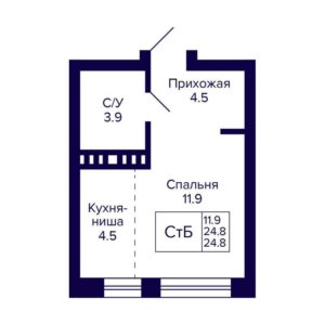 Дом 1 | Секции 1; 2.1; 2.2; 3 - Планировка студии в ЖК Сподвижники в Новосибирске