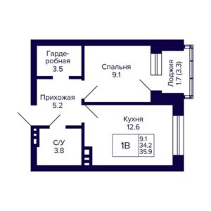 Дом 1 | Секции 1; 2.1; 2.2; 3 - Планировка однокомнатной квартиры в ЖК Сподвижники в Новосибирске