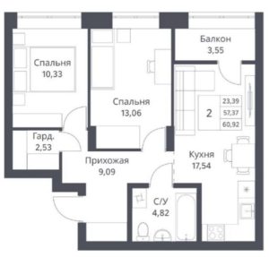 Дом 1 - Планировка двухкомнатной квартиры в ЖК Фора в Новосибирске