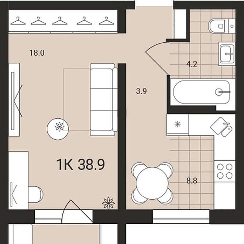 Дом 2 - Планировка однокомнатной квартиры в ЖК Воздушная гавань в Оби