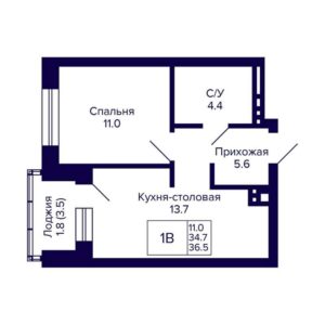 Дом 1 | Секции 1; 2.1; 2.2; 3 - Планировка однокомнатной квартиры в ЖК Сподвижники в Новосибирске