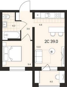 Дом 2 - Планировка однокомнатной квартиры в ЖК Воздушная гавань в Оби