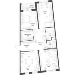 Корпус 1 - Планировка трехкомнатной квартиры (и больше) в ЖК Счастье в Кольцово в Кольцово