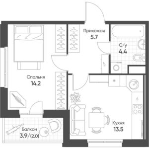 Корпуса 4; 5 - Планировка однокомнатной квартиры в ЖК Счастье в Кольцово в Кольцово