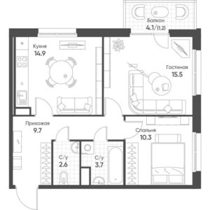 Корпуса 4; 5 - Планировка двухкомнатной квартиры в ЖК Счастье в Кольцово в Кольцово