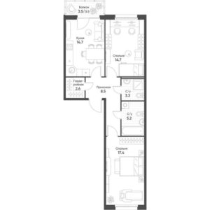 Корпус 1 - Планировка двухкомнатной квартиры в ЖК Счастье в Кольцово в Кольцово