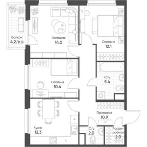 Корпуса 4; 5 - Планировка двухкомнатной квартиры в ЖК Счастье в Кольцово в Кольцово