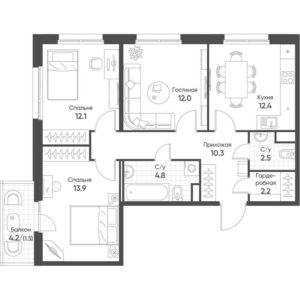 Корпуса 4; 5 - Планировка трехкомнатной квартиры (и больше) в ЖК Счастье в Кольцово в Кольцово