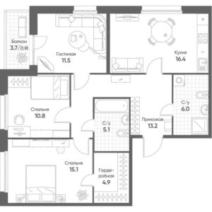 Корпус 2 - Планировка трехкомнатной квартиры (и больше) в ЖК Счастье в Кольцово в Кольцово