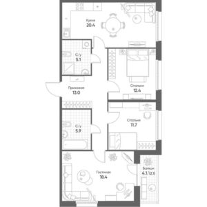 Корпус 2 - Планировка трехкомнатной квартиры (и больше) в ЖК Счастье в Кольцово в Кольцово