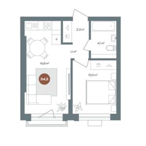Дом 1 | Секция 1 - Планировка однокомнатной квартиры в ЖК 19/56 Кварталы Телецентра в Новосибирске