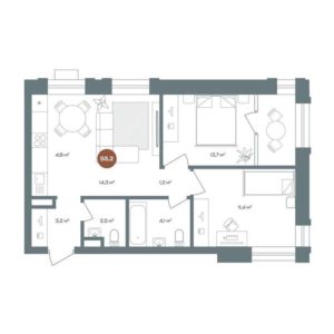 Дом 1 | Секция 1 - Планировка двухкомнатной квартиры в ЖК 19/56 Кварталы Телецентра в Новосибирске
