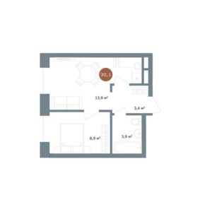 Дом 2 | Секция 7 - Планировка однокомнатной квартиры в ЖК 19/56 Кварталы Телецентра в Новосибирске