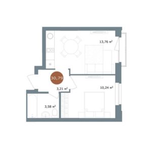 Дом 2 | Секция 5 - Планировка однокомнатной квартиры в ЖК 19/56 Кварталы Телецентра в Новосибирске