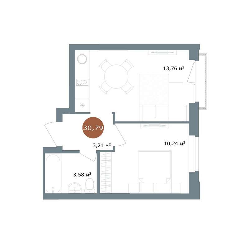 Дом 2 | Секция 5 - Планировка однокомнатной квартиры в ЖК 19/56 Кварталы Телецентра в Новосибирске