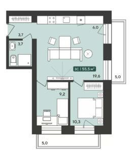 Дома 7-12 - Планировка двухкомнатной квартиры в ЖК Альпийский квартал в Октябрьском