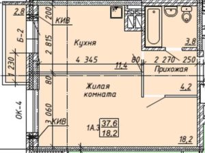 Дом 1 - Планировка однокомнатной квартиры в ЖК Ленина 114 в Бердске