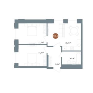 Дом 2 | Секция 7 - Планировка двухкомнатной квартиры в ЖК 19/56 Кварталы Телецентра в Новосибирске