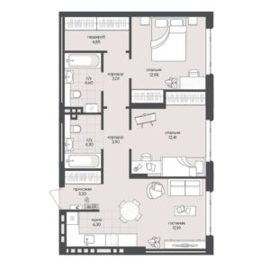Дом 2 | Секции 1-3; 8 - Планировка двухкомнатной квартиры в ЖК Новый Кедровый в Новосибирске
