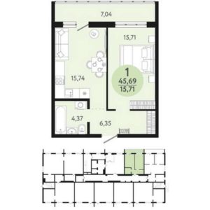 Дом 3 (2 очередь: Дом 1) - Планировка однокомнатной квартиры в ЖК Новый парк в Оби