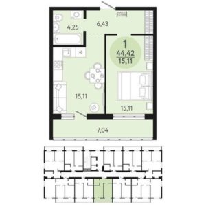 Дом 3 (2 очередь: Дом 1) - Планировка однокомнатной квартиры в ЖК Новый парк в Оби