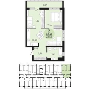 Дом 3 (2 очередь: Дом 1) - Планировка двухкомнатной квартиры в ЖК Новый парк в Оби