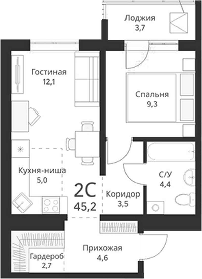 1-комнатная квартира 45,2 м² во 2 доме в ЖК Свои люди в Оби